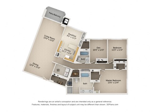 3 Bedroom 2 Bath 1,960 Sq. Ft. Type C Floor Plan at Atrium in The Village, Ohio, 44122